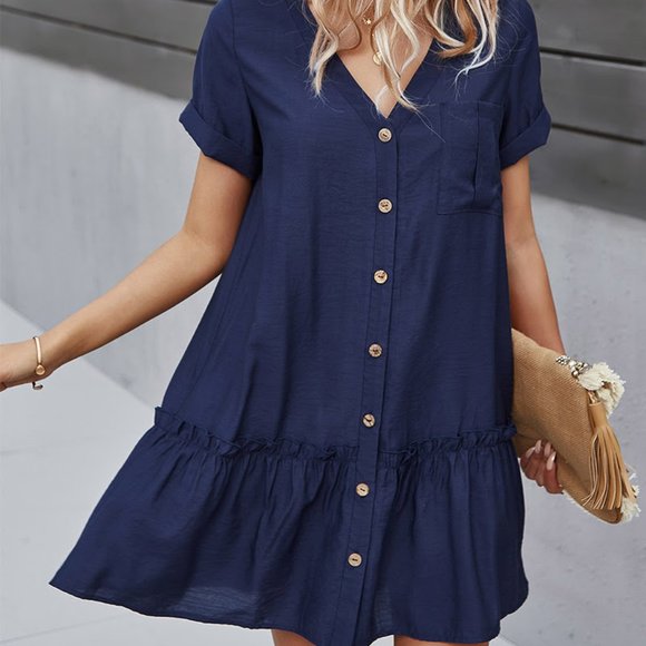 Navy Button-Up Baby Doll Dress - Picture 1 of 3